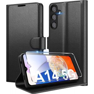 JGD-Coque pour Samsung Galaxy A14 5G en Premium Cuir PU, Portefeuille Housse Etui pour Cartes Protection Anti-Choc Flip Case avec 1 Verre Tremp&eacute; Noir - Neuf