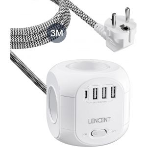 Cube rallonge multiprise 3M avec 4 Prises AC, 3 USB et 1 Type C, Protection Contre Les surtensions pour rallonge &eacute;lectrique avec Interrupteur pour Maison, Cuisine, Bureau, Tress&eacute; C&acirc;ble - Neuf