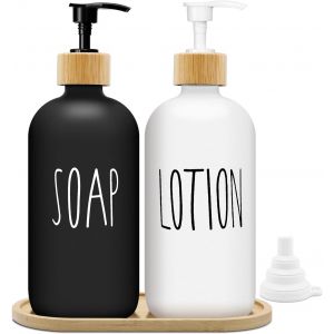 BHHBB-Distributeur de Savon Noir et Blanc Mat Set 500ml Distributeur de Savon en Verre avec Plateau Distributeur de Liquide Vaisselle Distributeur de Savon pour la Cuisine et la Douche (Blanc + Noir) - Neuf