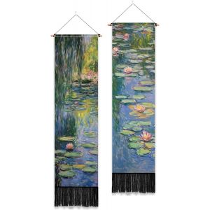 2 Paquet De Tapisserie &Agrave; L'Huile Avec Pompons Tenture Murale Verticale Style Monet Motif &Eacute;tang De Lotus D&eacute;coration Longue Et &Eacute;troite Pour Chambre &Agrave; Coucher Ou Salon 130 X 33Cm - Neuf