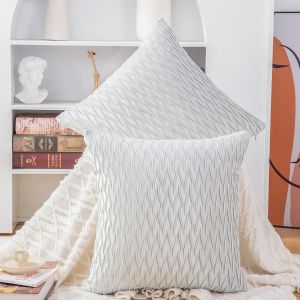 CAUC-Lot de 2 Doux Velours D&eacute;coratif Housses de Coussin Luxe Style pour canap&eacute; Chambre Gris Blanc 65 x 65 cm - Neuf