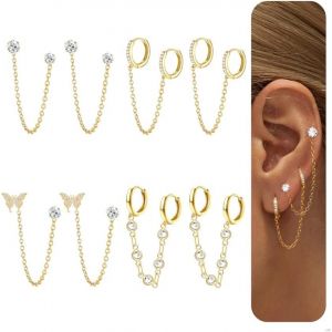 Kalanka-4 Paires Boucles D'oreilles Femmes Plaqu&eacute;e Or 14k Boucle D'oreille Pendantes Acier Inoxydable Piercing Oreille Dangle Cha&icirc;ne Boucles D'oreilles Helix Tragus Double Piercing Cr&eacute;oles - Neuf