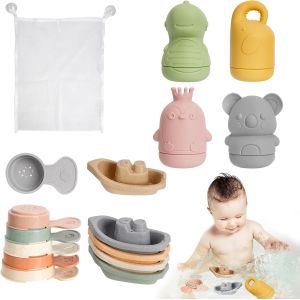 ERYI-Jouets De Bain Pour Bebe, 15 Pièces Jouet Bain Bébé À Presser Sensoriels Avec Bateaux Empilables Et Cuillère, Silicone Souple Jouet Bain Enfant Jeux Educatif 6 9 12 Mois 1 2 3 Ans - Neuf