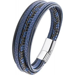 Eryi-Bracelet Homme Cuir, Bracelet Cuir Homme Acier, Cadeau Cadeaux Pour Homme, Bracelets En Cuir Noir Marron Bleu Pour Papa Papy - Neuf