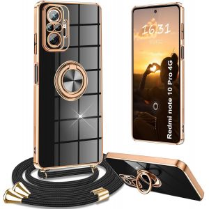 Kal-Coque Pour Redmi Note 10 Pro Avec Cordon, Coque Pour Redmi Note 10 Pro Avec Collier Housse 360° Voiture De Bague Magnétique Étui Pour Xiaomi Redmi Note 10 Pro Avec Cordon, Noir - Neuf