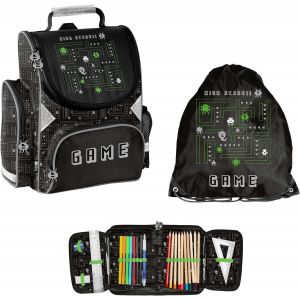 CHECARZHN--NO1-Ensemble D'École 3 Pièces Cartable + Sac De Gym + Trousse Remplie - Game - Noir, Noir , 36 X 28 X 15 Cm (Hxbxt) - Neuf