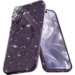 Sjzg-Coque Magn&eacute;tique Pour Iphone 16 Etui &Agrave; Paillettes Brillant Compatible Avec Magsafe Charge Sans Fil Housse De Protection Antichoc Pour Appareil Photo Glitter Silicone Tpu Souple,Violet - Neuf