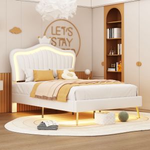 Lit enfant capitonn&eacute; 90 x 200 cm, cadre de lit pour filles, cadre de lit double blanc en cuir PU avec lumi&egrave;res LED, sommier &agrave; lattes et dossier (matelas non inclus) - Neuf