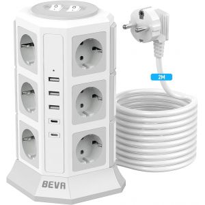 12 Prises Tour Multiprise Parafoudre avec 2 USB-C (15W)+3 USB-A +C&acirc;ble 2M,2500W/10A Prise Multi de avec 2 Interrupteur, Multiprise Electrique Protection Contre Surcharges et Surtensions, Blanche - Neuf