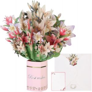 Carte pop-up - Bouquet de fleurs 3D pour anniversaires, professeurs, remerciements - Livr&eacute;e avec enveloppe vierge (lys) - Neuf