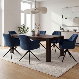 Lot de 6 chaises de salle &agrave; manger HWC-L80, chaises de cuisine rembourr&eacute;es avec accoudoirs, pivotantes, m&eacute;tal et tissubleu - Neuf