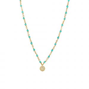 Collier Argent Doré Médaillon Serti Blanc Et Pierres Turquoise - Neuf
