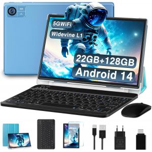 ChenQuanSarl-Tablette 2025 Nouvelle 10 Pouces Android 14 Avec 22Go Ram 128Go Rom (1To Tf Extensible),Wifi 2.4G/5G,8-Cores,8000Mah,8Mp+5Mp,Widevine L1,Tablette Tactile Avec Clavier Souris Etui-Bleu - Neuf