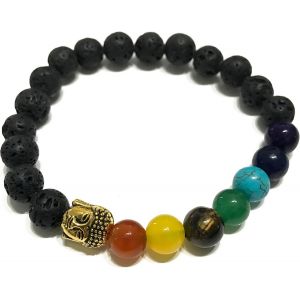 Kal-- Bracelet Extensible En Pierres De Lave Avec Perles De Chakra Et Motif Principal - Pierres Naturelles, Bracelet Élégant - Zen, Équilibre, Harmonie - Bijoux Idéal, Universel - Neuf