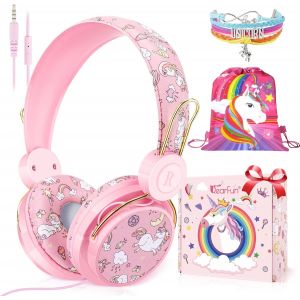 LORANKA-Casque Audio Enfant, Licorne/Dinosaures Casque Filaire pour Enfants avec Micro pour Filles/Gar&ccedil;on de 3 &agrave; 10 Ans, Musique Ecouteurs pour iPad/Tablet l'&eacute;cole-Cadeau Licorne pour Filles (Rose) - Neuf