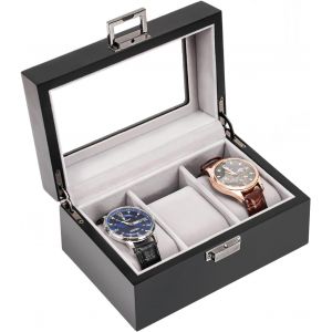 Kal-Boite À Montre En Bois Antichoc, Coffret Montre Homme Avec 3 Emplacements Coussins Montre, Rangement Montre Avec Couvercle En Verre, Pour Passionné D`Horlogerie -Noir - Neuf
