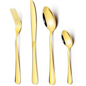 Checarzhn--No1-Lot De 24 Couverts En Acier Inoxydable Pour 6 Personnes Avec Couteau, Fourchette, Cuillère, Couverts De Table Plaqués Or Titane Pour La Maison/Fête/Restaurant, Passe Au Lave-Vaisselle Et Inoxydable - Neuf