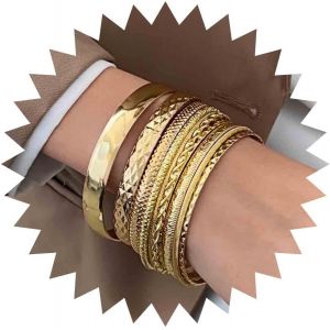 10 Pack Gold Layered Punk Bangle Bracelets Chunky Metal Cuff Bracelets Multilayer Textured Hammered Wide Cuff Bracelets Jewelry For Women Girls (Gold) - Neuf