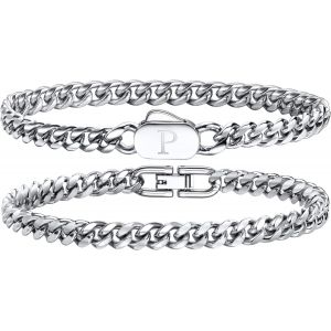 Eryi-Bracelets Initiales Pour Hommes, 2 Pièces Bracelet Lettres A-Z Bracelet Argent Homme Acier Inoxydable Bijoux Homme Personnalisé Cadeaux Pour Papa Petit Ami Mari Fils - Neuf