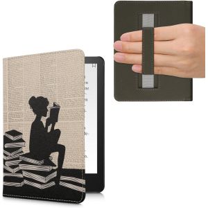 Etui Compatible Avec Kindle Paperwhite 11e Génération-Étui À Rabat Magnétique Tablette Ereader Similicuir Avec Sangle Pour Kindle Paperwhite-Noir-Beige - Neuf