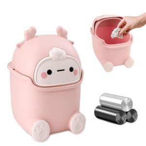 Mini Poubelle De Bureau Cuisine Avec 3 Rouleaux De Sacs Poubelles,Mignonne Petite Poubelle De Table Avec Couvercle Basculant,15,5x14x23,5cm Portable Poubelle Pour Cuisine(Rose) - Neuf