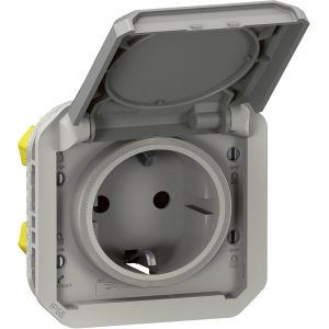 Plexo New 069570L Prise pour pi&egrave;ces humides standard Schuko avec couvercle &agrave; charni&egrave;re, protection anti-contact, bornes enfichables, 16 A, 250 V, IP44 - IK08 (IP55 avec couvercle ferm&eacute;), gris - Neuf