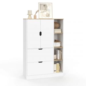 Meuble de rangement L. 80 cm NOUK pour bureau, chambre, entr&eacute;e avec 3 portes et 2 tiroirs blanc et bois - Neuf