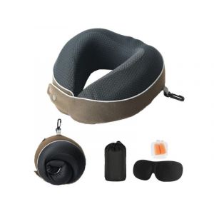 Oreiller de voyage en mousse &agrave; m&eacute;moire de forme avec masque pour les yeux et bouchons d'oreilles - Couleur caf&eacute; - Neuf