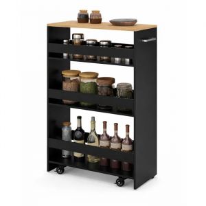 Desserte de Cuisine Etroit 25cm COSTWAY, Roues avec Freins, Chariot de Rangement &agrave; 4 Niveaux avec Poign&eacute;e Lat&eacute;rale, Noir et Naturel - Neuf