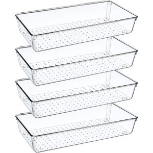 Lot De 4 Organisateur Tiroir Salle De Bain, 30cm Plastique Boite Rangement Tiroir Cuisine En Transparent, Rangement Coiffeuse Tiroirs Compartiment Pour Maquillage Couverts Bureau O[App8808752] - Neuf