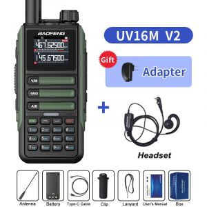 BaoFeng UV16M V2 talkie-walkie multi-bande AM étanche haute puissance longue portée bidirectionnelle NOAA Radio amateur Portable UV-5RH mise à jour UV16 - Type Green-Headset-EURO - Neuf