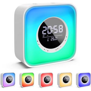 Réveil avec haut-parleur Bluetooth, lampe de chevet LED avec 10 changements de couleurs, calendrier numérique, haut-parleur sans fil rechargeable - Neuf