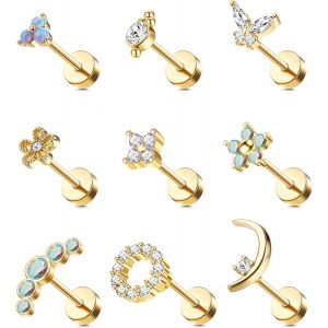 Kal-Boucle D'oreille Cartilage 16g Pour Femme Boucles D'oreilles À Dos Plat À Vis En Acier Inoxydable 316l Papillon Lune Fleur Opale Cartilage Tragus Daith Helix Boucles D'oreilles Piercing - Neuf