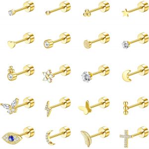 Kal-Hypoallerg&eacute;nique Boucles D'oreilles Femme Acier Chirurgical Cartilage Boucle D'oreille 20g Petit Piercing Helix Cz Etoile Papillons Lune 20pcs Or Argent Noir - Neuf