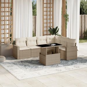 Salon De Jardin Avec Coussins 7 Pcs Beige Résine Tressée - Neuf