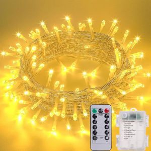 Guirlande Noel Exterieur,10m 100led Guirlande Lumineuse A Pile Avec Télécommande 8 Modes Minuterie Ip65 Etanche Fil Lumineux Décoration Intérieur Extérieur Chambre Noël Mariage (Blanc Chaud) - Neuf
