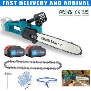 Scie &eacute;lectrique sans balais 650 W, tron&ccedil;onneuse sans fil 12 pouces, avec deux batteries 5,5 Ah, pour l'&eacute;lagage des arbres et la coupe de branches/bois (compatible avec les batteries Makita) - Neuf