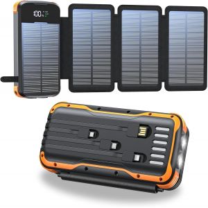Solaire Power Bank 20000mAh, Chargeur Portable avec 4 Panneaux Solaire, 4 C&acirc;bles, Banque d'&Eacute;nergie Solaire USB C avec Batterie Externe et 2 Lumi&egrave;res de Poche LED, pour Smartphones, Tablettes(Orange) - Neuf