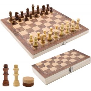 SANSH-Jeu D'éChecs en Bois, 3 en 1, éChiquier Portable, Pliable,pour Les ActivitéS Familiales, éChecs De Voyage, Jeu D'éChecs pour Enfants (29x29x2cm) - Neuf