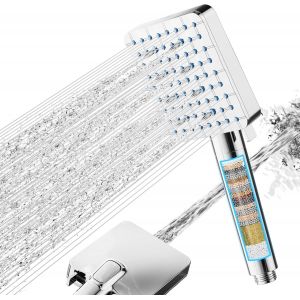 Pomme de douche avec filtre, douchette &agrave; main haute pression avec filtration 20 couches, 7 modes de pulv&eacute;risation, pommeau de douche carr&eacute;, chrom&eacute; - Neuf