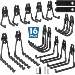 JEXNOVASHOP-Lot de 16 crochets muraux noirs &agrave; visser, charge 439 kg sur bois/brique, support v&eacute;lo, accroche v&eacute;lo mural garage, crochets U J et ondul&eacute;s, rangement outils mural garage, atelier, abri, v - Neuf