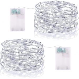 KAL-Guirlande Lumineuse Led À Piles 5M 16.5Ft 50Led Micro Guirlande Led Pile Interieur Et Extérieur Pour Chambre Noël Mariage Sapin Bocaux Décoration (2 Pièces, Blanc Froid) - Neuf