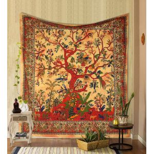 Tapisserie murale Arbre de vie jaune, tapisseries psychédéliques, couvre-lit double en coton indien, assiette de pique-nique, décoration murale, art mural de plafond - Neuf