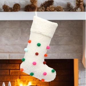 Grandes Chaussettes De Noël En Polaire Berbère Ultra Douce Avec Pompons-Sacs Cadeaux De Luxe Pour Sapin De Noël-Crème-50,8 Cm - Neuf