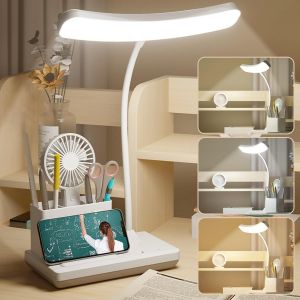 ERYI-Lampe De Bureau Led : 3 Couleurs À Intensité Variable Lampe De Bureau Pour Enfants, Lampe De Lecture Usb Avec Porte-Stylo, Lampe De Chevet Col De Cygne À 360° Pour Lecteur, Travail, Étude - Neuf