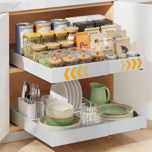 JEXNOVASHOP-Lot de 2 Tiroir Telescopique Coulissant Cuisine, Largeur Extensible de 30cm &agrave; 50cm, 42 cm de Profondeur, Rangement Panier Etagere Coulissante pour Placard de Cuisine - Neuf