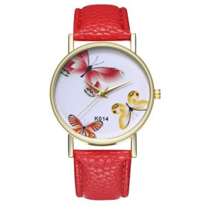 Montre-Bracelet Zhoulianfa Pour Femme, Bracelet En Pu, Cadran Rond, Motif Papillon, Montre A Quartz, Rouge - Neuf
