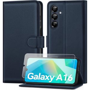 KAL-Coque Pour Samsung Galaxy A16 Avec Verre Trempé, Étui Cuir Pu Magnétique [ Pochette De Portefeuille ], Housse De Fonction Stand Video Porte Carte Credit À Rabat Pour Samsung A16 -Bleu Foncé - Neuf