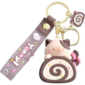 PATA-Porte-cl&eacute;s en forme d'?uf de chat mignon en forme de rouleau de chat Kawaii pour g&acirc;teau, poup&eacute;e, sac d'&eacute;cole, porte-cl&eacute;s avec pendentif de dessin anim&eacute; pour couple, bijoux cadeau, marron, M - Neuf