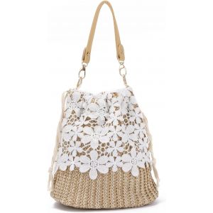 Sac de plage d'été pour femme, sac en paille, sac à bandoulière en dentelle florale, sac de voyage en paille - Neuf